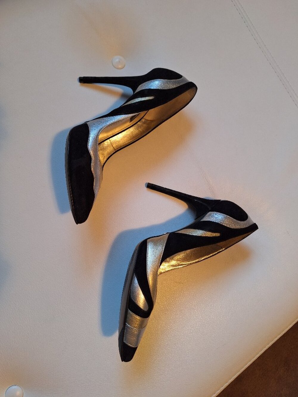 Dolce & Gabanna metallic gold and silver/black suede swirl effect heels